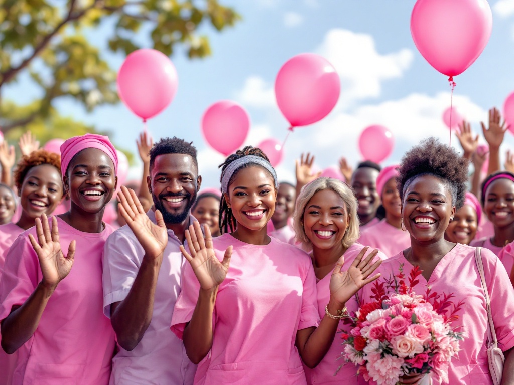 BCI survivors, nurses and community members waving at a gathering in Ghana